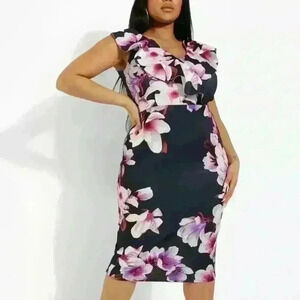 Boohoo 💜NWT Navy Pink Floral Ruffle Midi Dress Stretch Bodycon VNeck Plus Sz 18